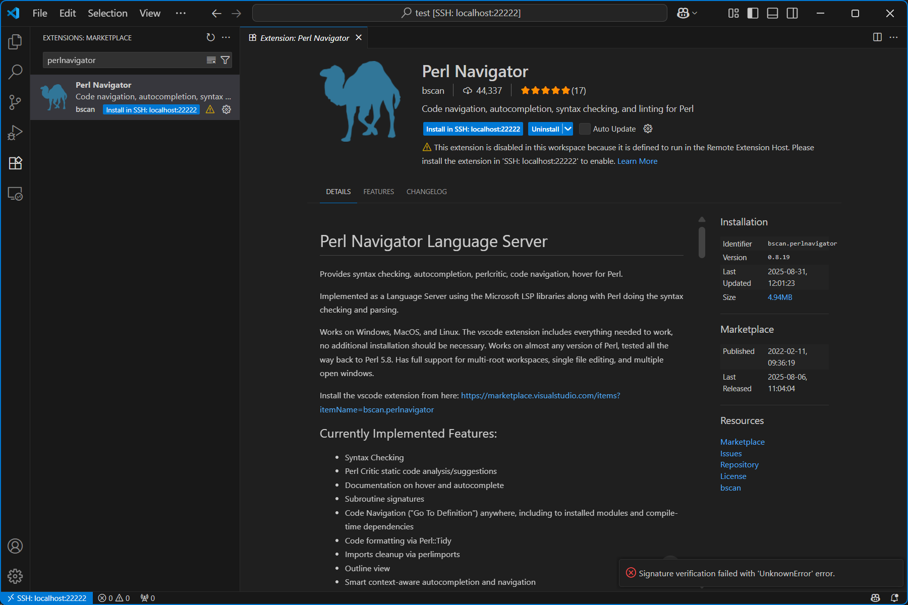 画面右下に “Signature verification failed with ‘UnknownError’ error” と出ている